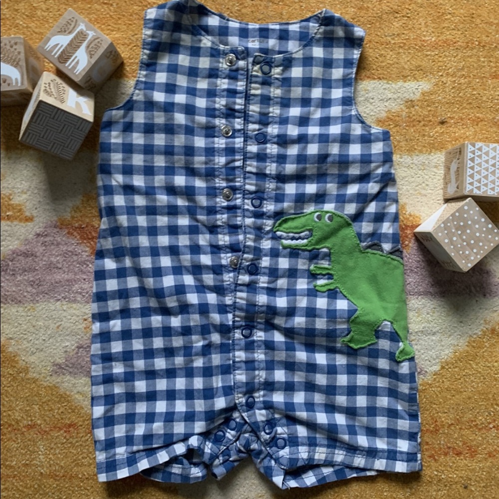 Carter’s Blue Plaid Dinosaur appliqué Tank Romper
